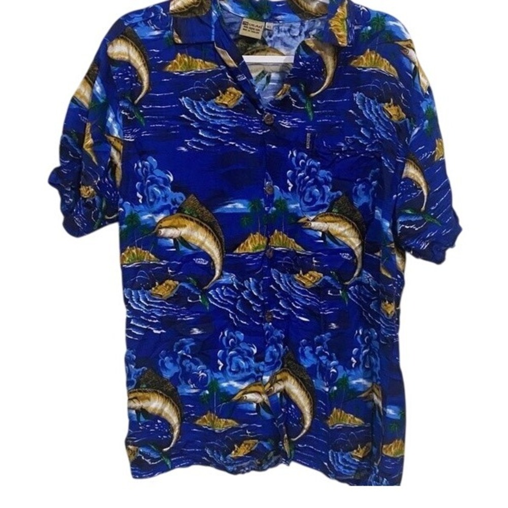 Vintage Men's XL Swordfish Print Hawaiian Shirt Cobalt Blue Fishing‎ Resortwear